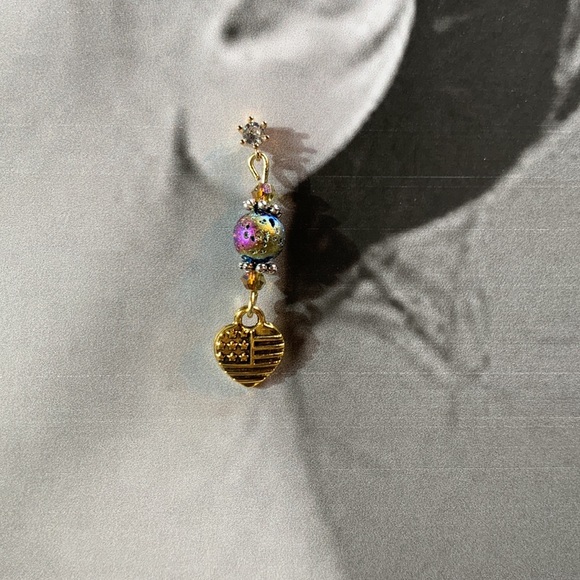 Hand Crafted Dangling Lava Stone Stud Post Drop Dangling Earrings Heart Charm - Picture 7 of 11